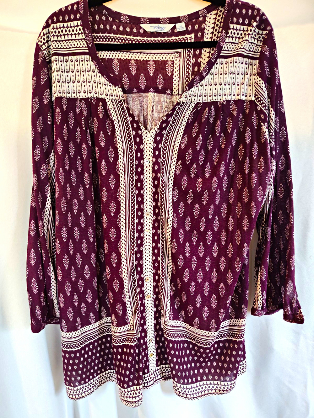 Great Northwest Indigo Women’s Plus 2X Purple White Floral Rayon Linen Tunic